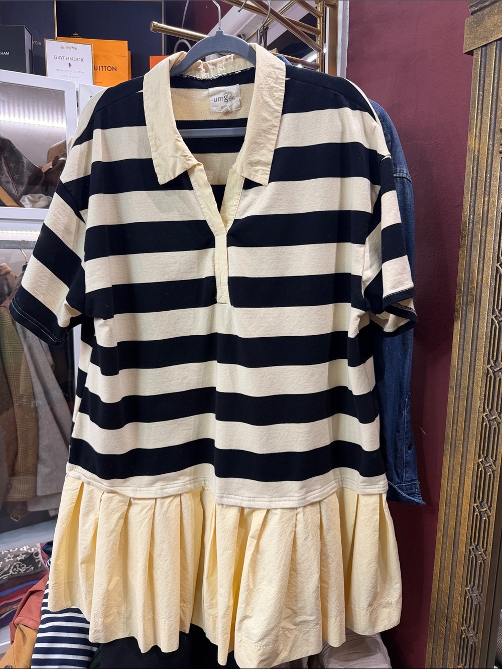 Umgee Black and Cream Striped Rugby Polo Mini Dress with Ruffle Hem
